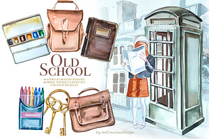 Watercolor Old School Clipart Set