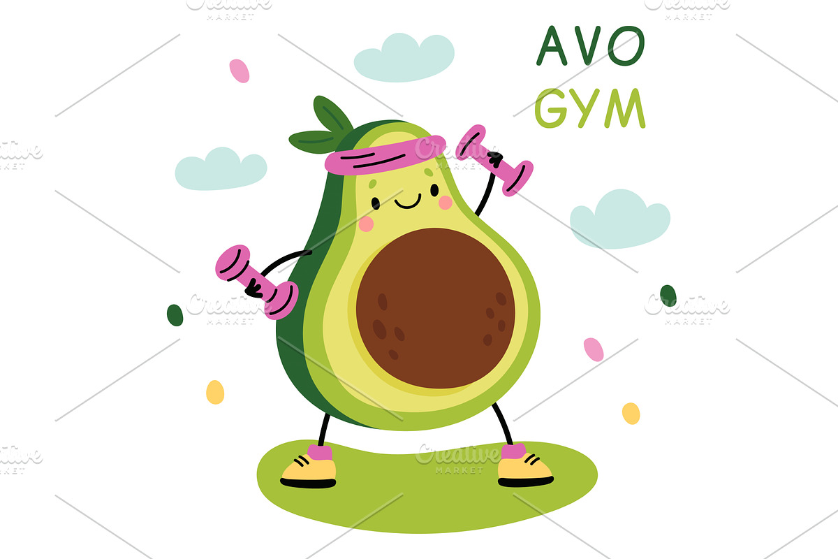 Cute happy avocado card. Cartoon, a Sport Illustration by Vectorbuum