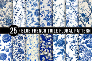 Blue French Toile Floral Pattern, a Pattern Graphic by DreamArtGraphic