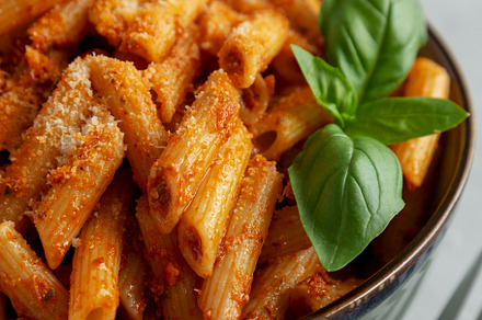 Homemade Tomato Pesto Pasta with Cheese and Basil in a Bowl, sid, a Food & Drink Photo by LiudmylaChuhunova