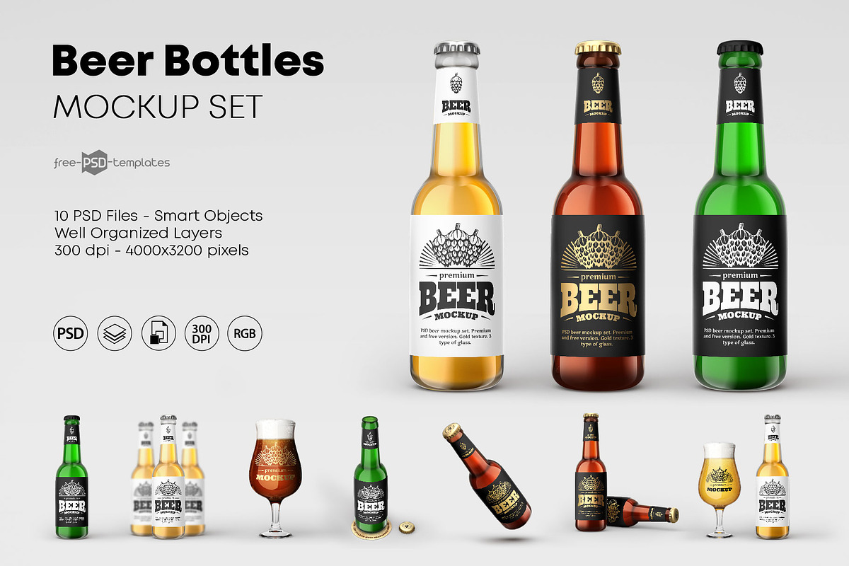 Beer Bottle Mockup Set, a Product Mockup by Free-PSD-Templates (Photo 1 of 6)