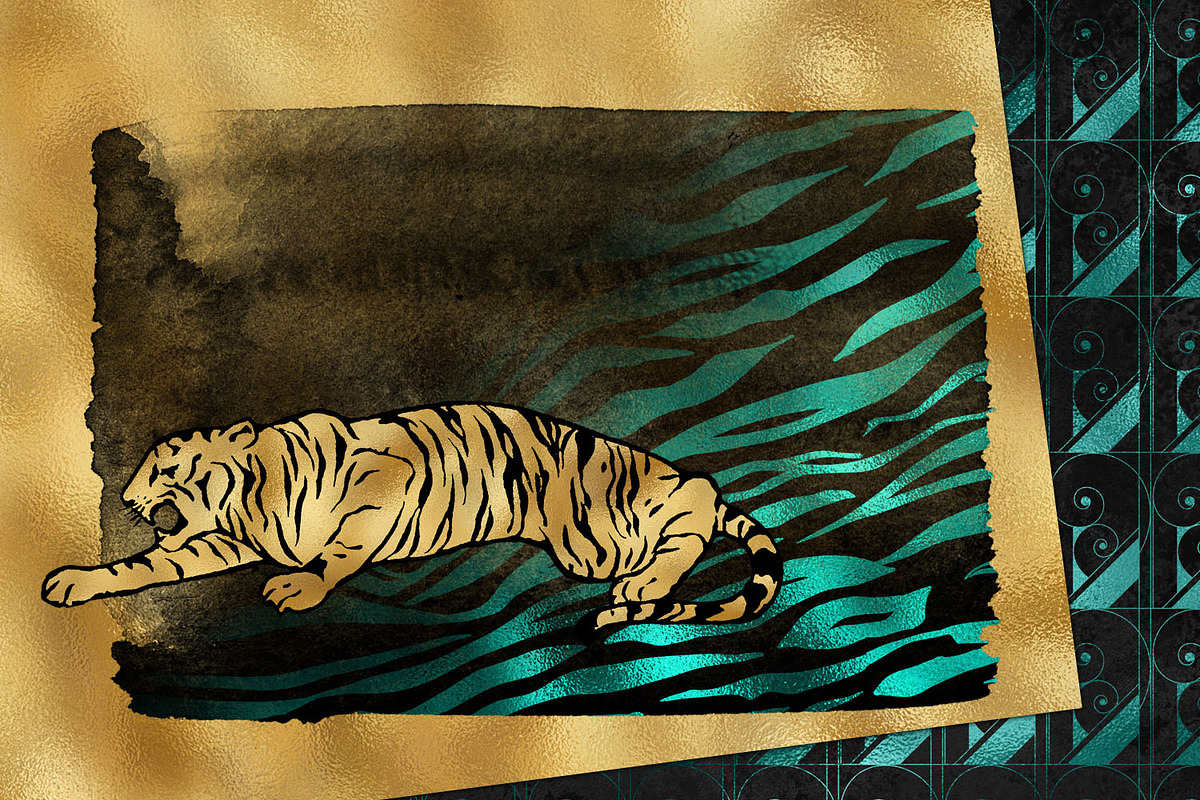 Teal and Gold Tiger Digital Paper, a Pattern Graphic by Digital Curio