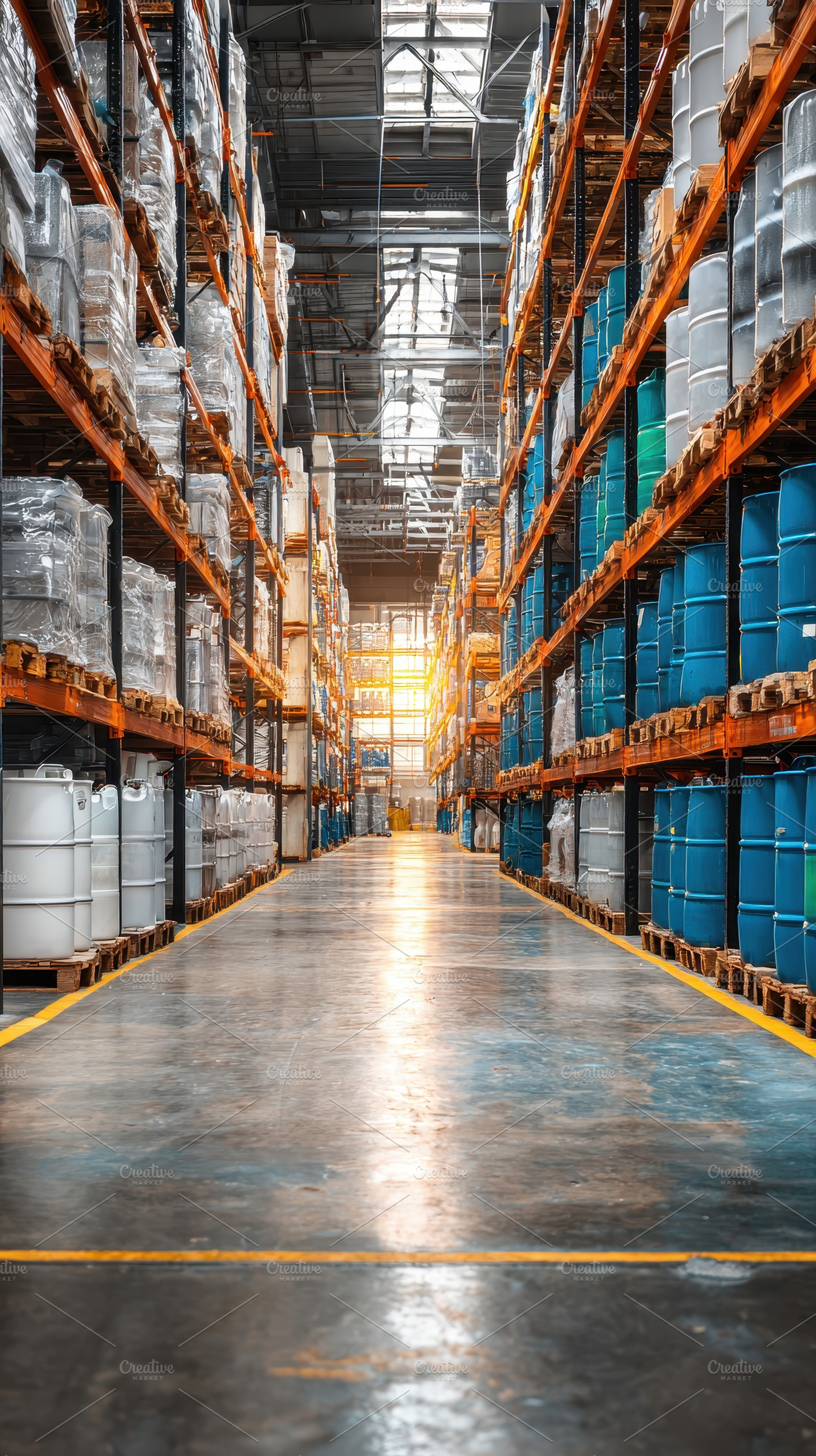 Warehouse interior with barrels and, a Photo by Pixeness Studio