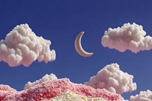 Fried egg on textured pink surface with fluffy white clouds and, a Decorative Illustration by José Manuel Gelpi