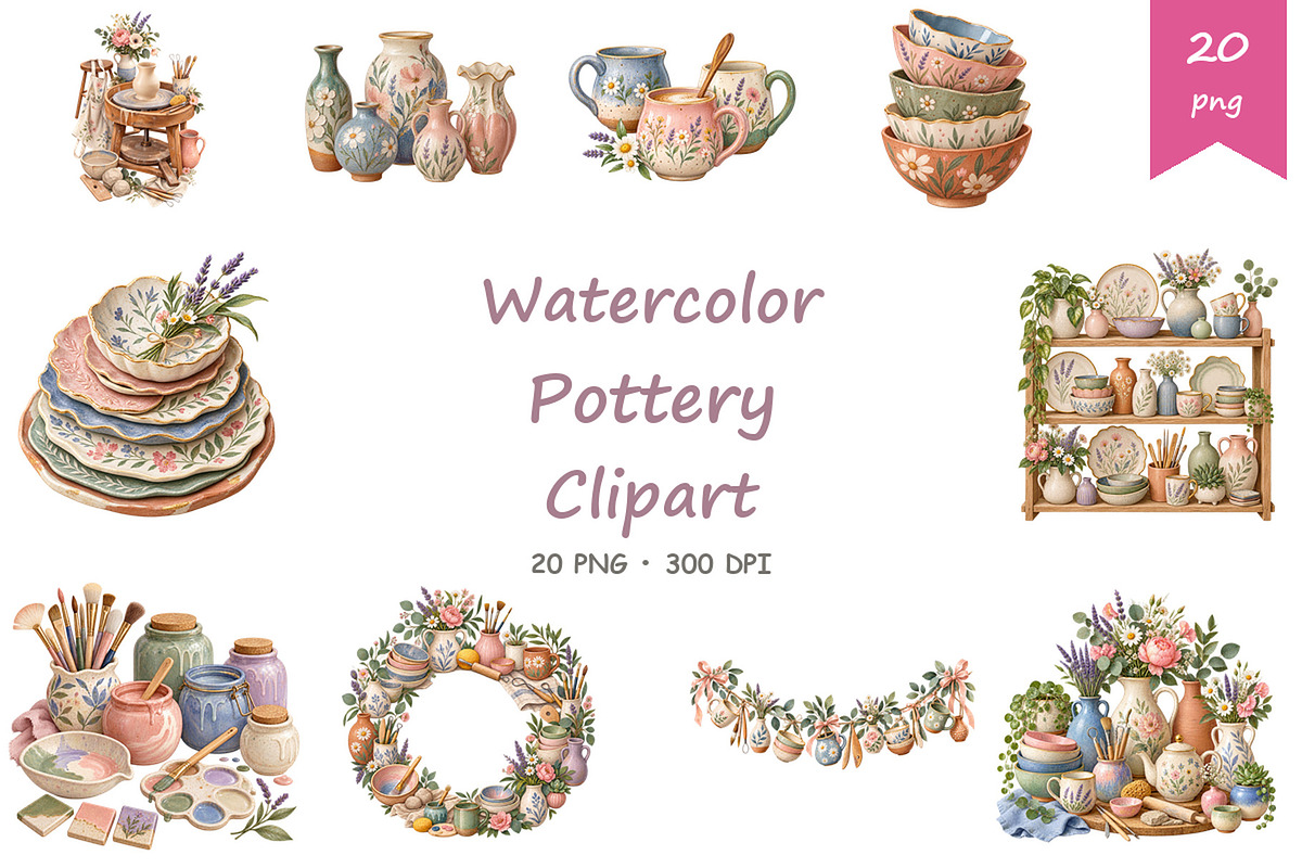 Watercolor Pottery Clipart, a Decorative Illustration by BerryPieArt (Photo 1 of 4)