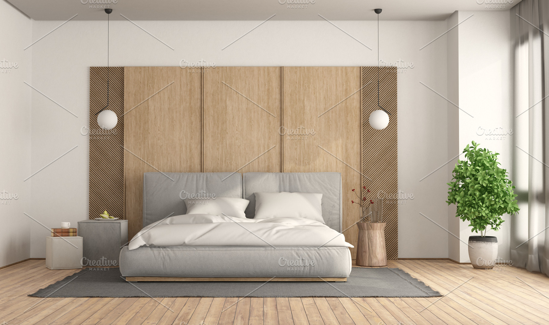 Minimalist bedroom with bed against wooden panel, an Architecture Photo by Archideaphoto