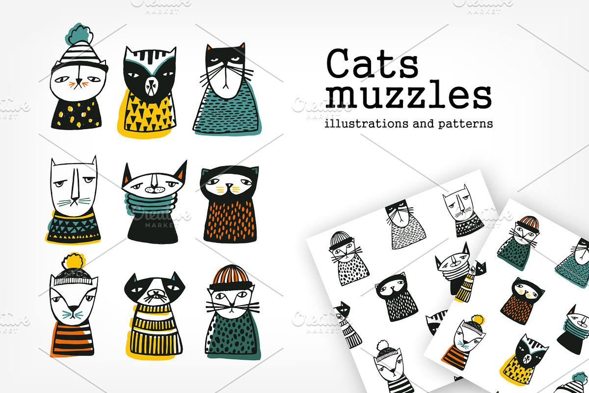 Vector set. Cats muzzles and pattern, a Pattern Graphic by Good Studio (Photo 1 of 5)