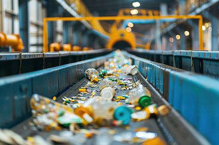 Sorting waste on conveyor with different household waste in factory, an Industrial Photo by AlyaAnd