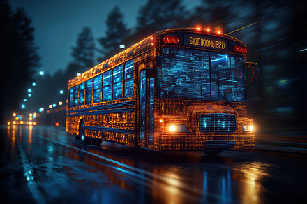 City bus illuminated with vibrant li, a Photo by Tanuart