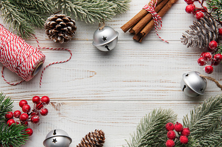 Christmas background with fir tree and decor. Top view with copy, a Holiday Photo by Olena Rudo