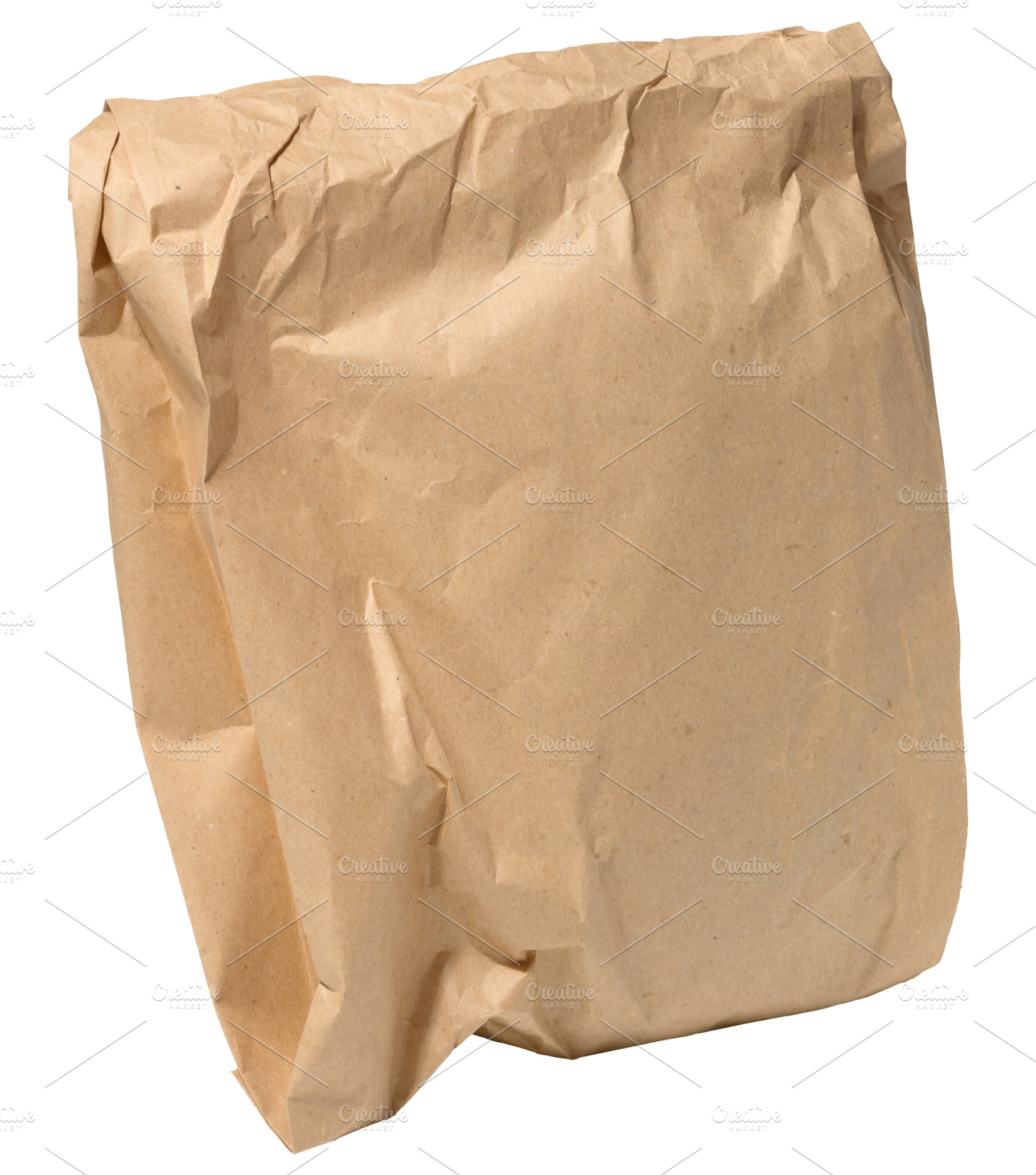 A closed and somewhat crumpled brown paper bag, isolated backgro, a Photo by ndanko