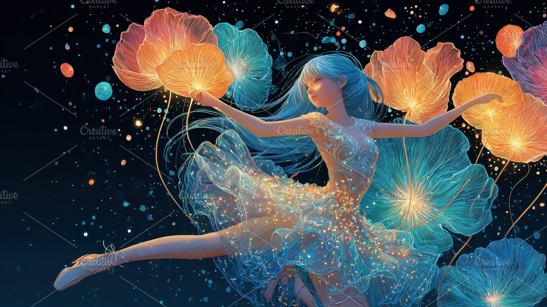 Anime girl dancing among glowing flo, an Abstract Photo by Pixeness Studio