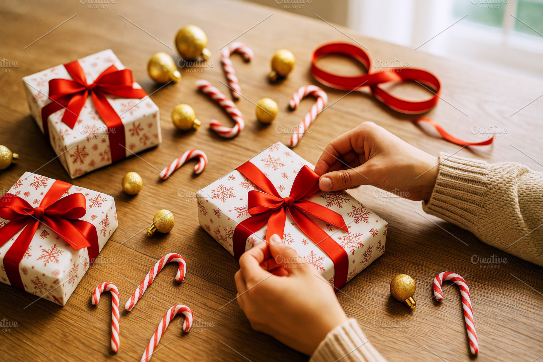 Christmas gifts with red ribbons and, a Photo by Dvoevnore photos