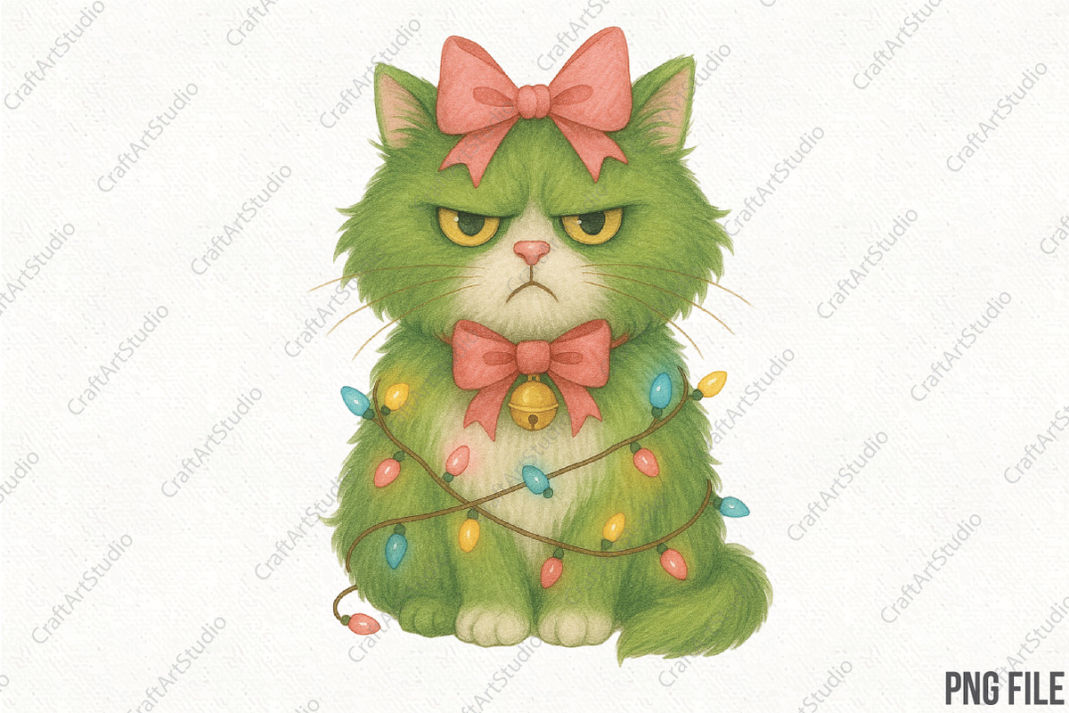 Green Angry Christmas Cat PNG, an Illustration by CraftArtStudio (Photo 1 of 4)