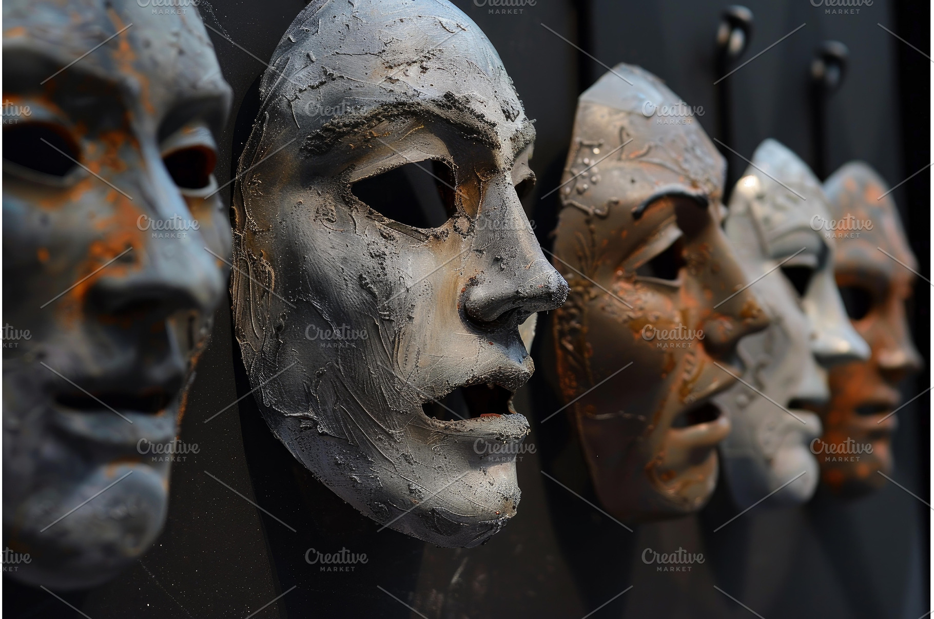 Row of dramatic masks hanging on, an Arts & Entertainment Photo by Ylivdesign