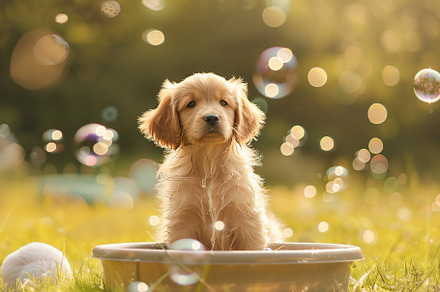 Cute puppy taking a bath in the basin with soap bubbles on blurr, an Animal Photo by AlyaAnd