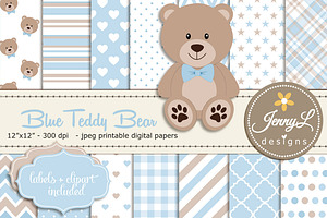 Blue Teddy Bear Digital Paper, a Pattern Graphic by JennyL Designs