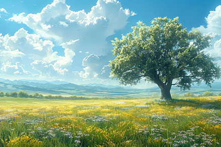 Lush green field under blue skies wi, a Photo by LOGOCREATIVE