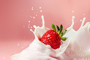 Strawberries falling into cream, milk or yoghurt on pink backgro, a Photo by Studio ANNA