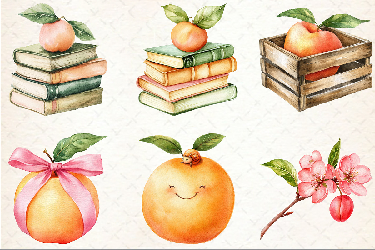 Watercolor Cute Peaches Garden Fruit, an Illustration by Rose Art (Photo 3 of 7)