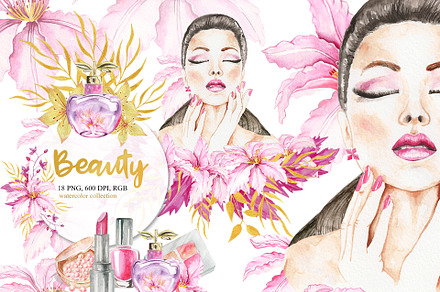 Watercolor Beauty Clipart, Make Up