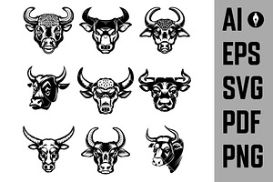 Set of bull heads isolated on white, an Animal Illustration by Vectorhight