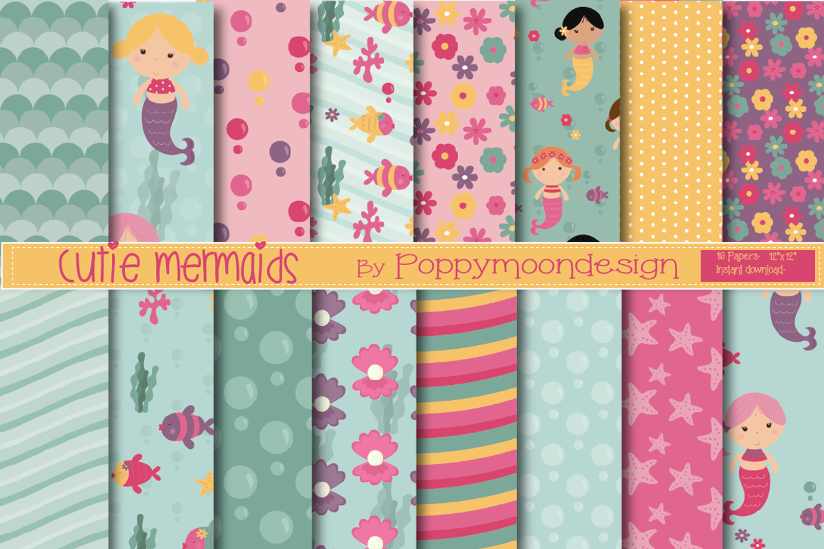 Cutie mermaids paper, a Pattern Graphic by Poppymoondesign