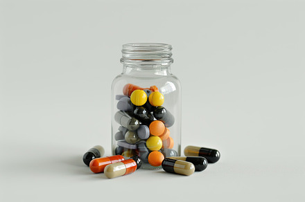 Medicine pills and glass bottle on white background, a Health & Medical Photo by AlyaAnd