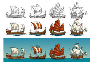Trireme, caravel, drakkar, junk. Set