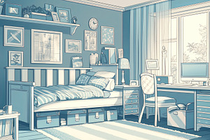 Cozy teenage bedroom with study desk and decor in blue tones, an Illustration by AS photostudio