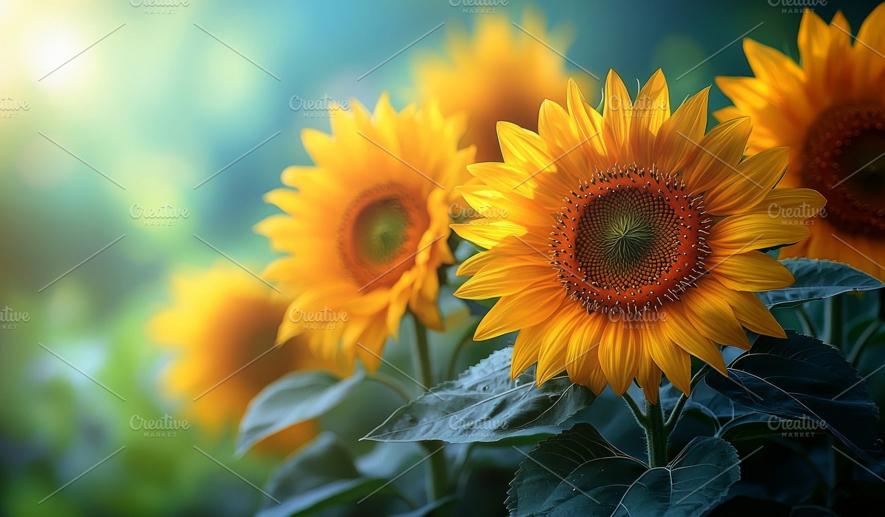 Closeup of blooming sunflowers with vibrant yellow petals and gr, a Nature Photo by José Manuel Gelpi