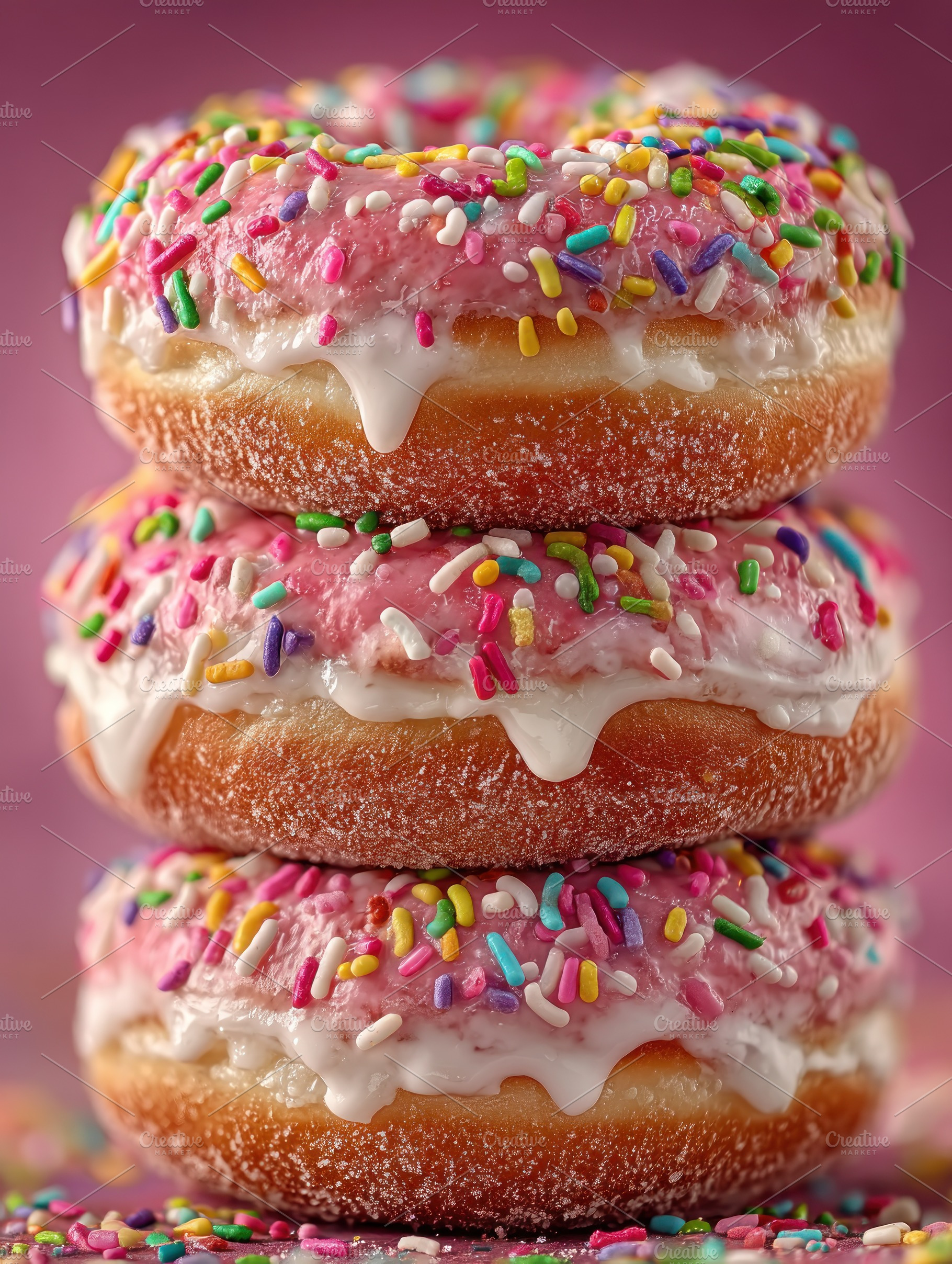 Stack of Pink Glazed Donuts with White Dripping Icing and Colorf, a Food & Drink Photo by José Manuel Gelpi