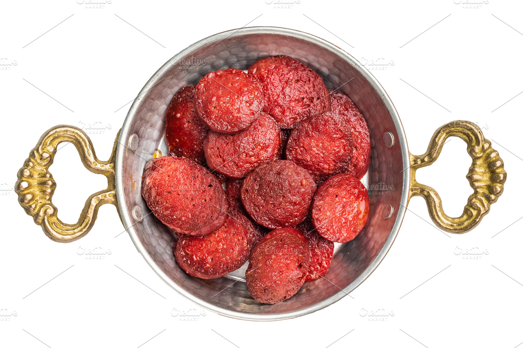 Fried Turkish sucuk (sujuk) slices in a traditional copper pan (, a Photo by composter-box@mail.ru