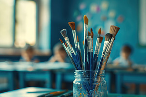Used paintbrushes in a glass jar on blurred classroom background, an Arts & Entertainment Photo by AlyaAnd
