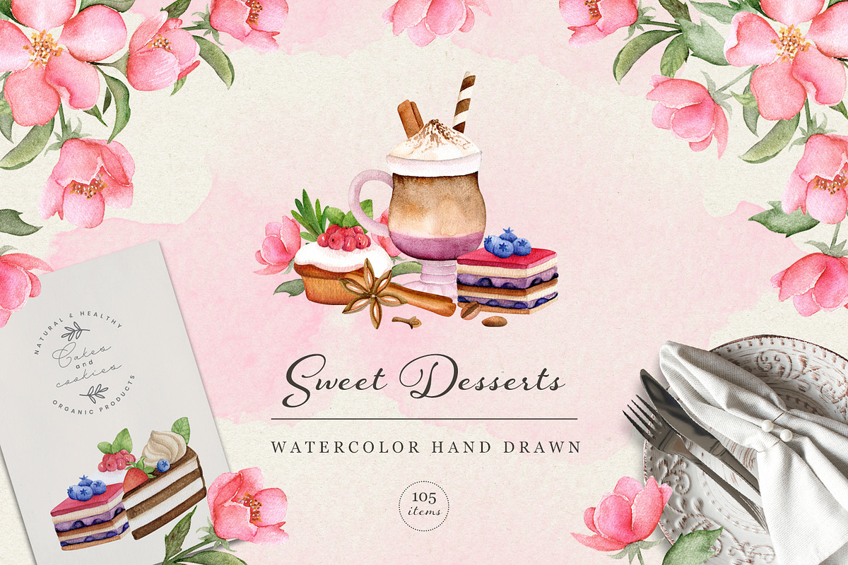 Sweet Desserts. Watercolor set, a Food Illustration by JuliaBadeeva (Photo 1 of 7)