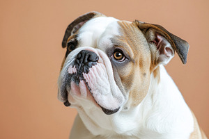 Close up side profile of a white and brown Bulldog with expressi, an Animal Photo by José Manuel Gelpi
