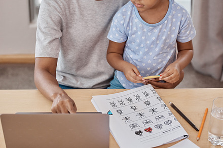 Homeschooling, Elearning and mother teaching child school work in a home, house or apartment for education. Mom, daughter and kid with parent remote learning with a laptop and help with homework, a Photo by Peopleimages.com
