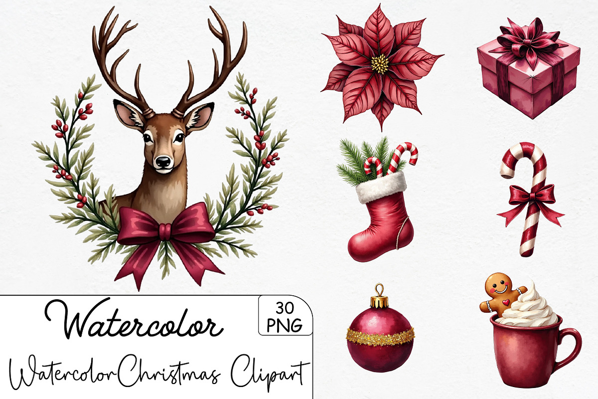 Watercolor Burgundy Christmas Clipar, an Illustration by CrexoraLab (Photo 1 of 5)