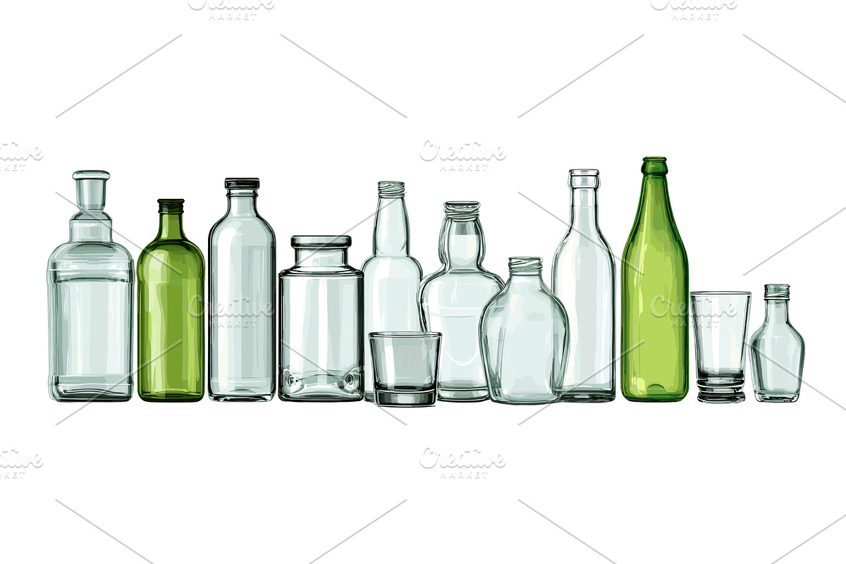 Glass bottles row. Empty glass, an Object Illustration by Stock-Smart-Start