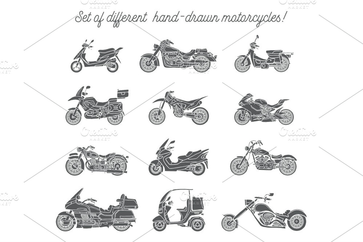 Set of hand-drawn motorcycles, an Object Illustration by WINS Doodle shop (Photo 4 of 4)