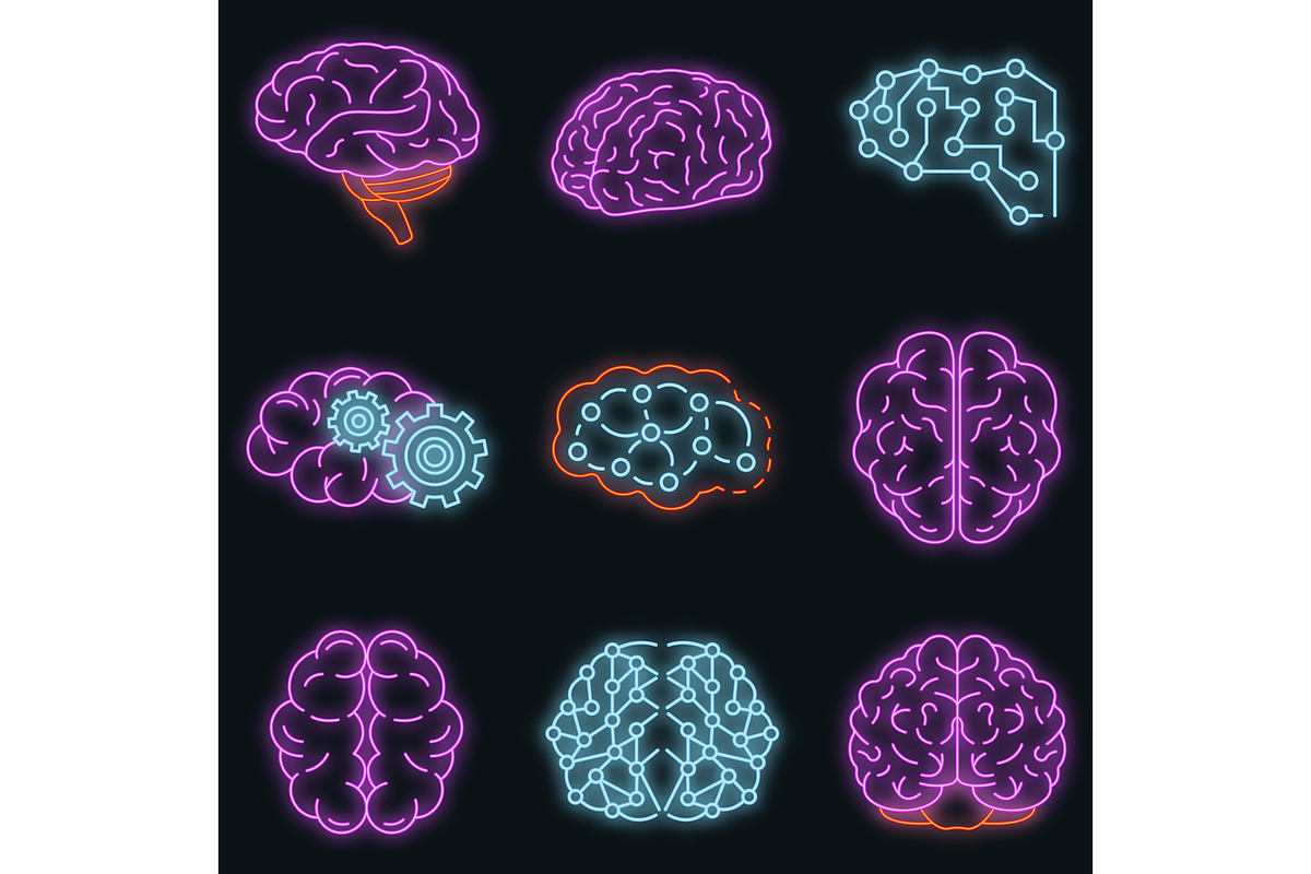 Memory brain icon set vector neon, an Education Illustration by Ylivdesign