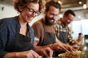 Cooking a delicious plant-based meal together in a lively kitchen environment, a Photo by AlyaAnd