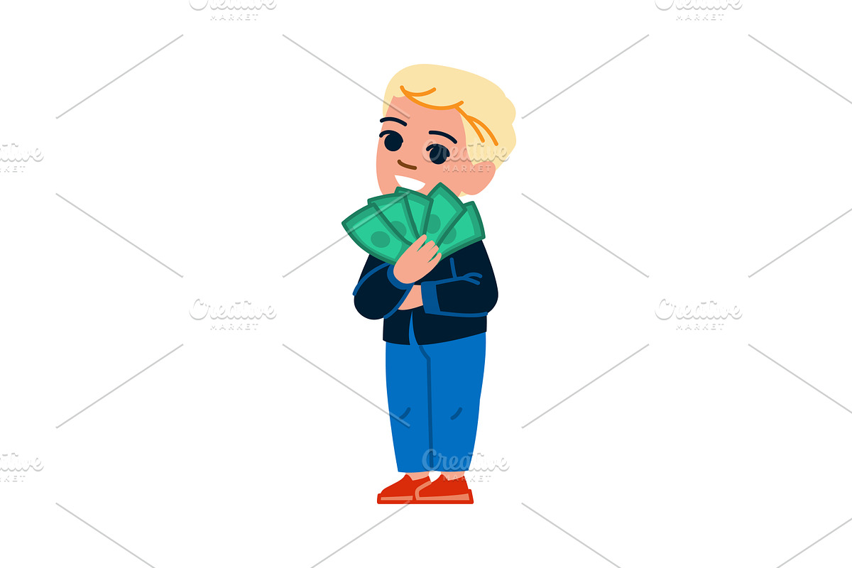 Blond boy holding banknotes and, a Finance Illustration by pikepicture