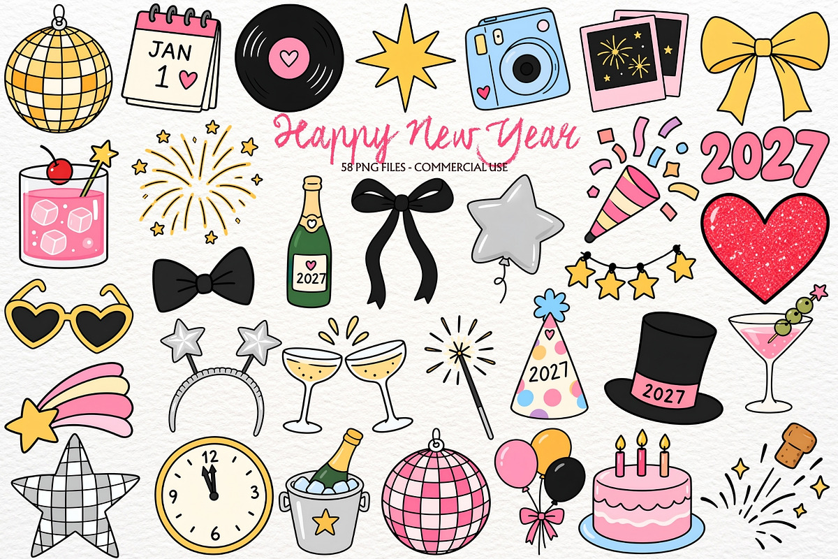 Happy New Year 2027 Clipart Party, a Seasonal Illustration by SugarCloudStudioArt (Photo 1 of 6)