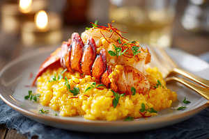 Delicious lobster served over a creamy saffron risotto in an elegant dining set, a Food & Drink Photo by AlyaAnd