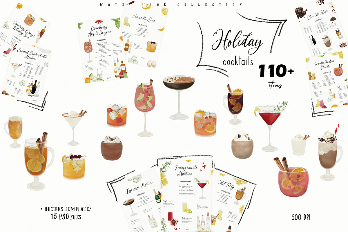 Holiday Cocktails Recipe Card Set, a Food Illustration by Sunshine Art (Photo 1 of 12)