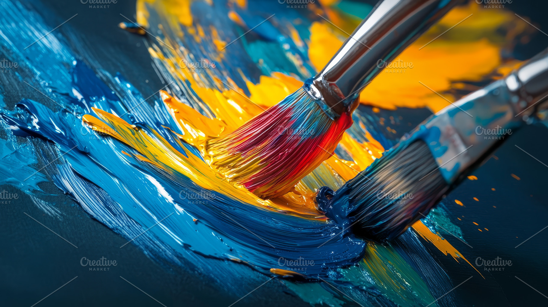 Two paintbrushes mixing bright blue and yellow paint on canvas, an Abstract Photo by Natalia Klenova's Shop