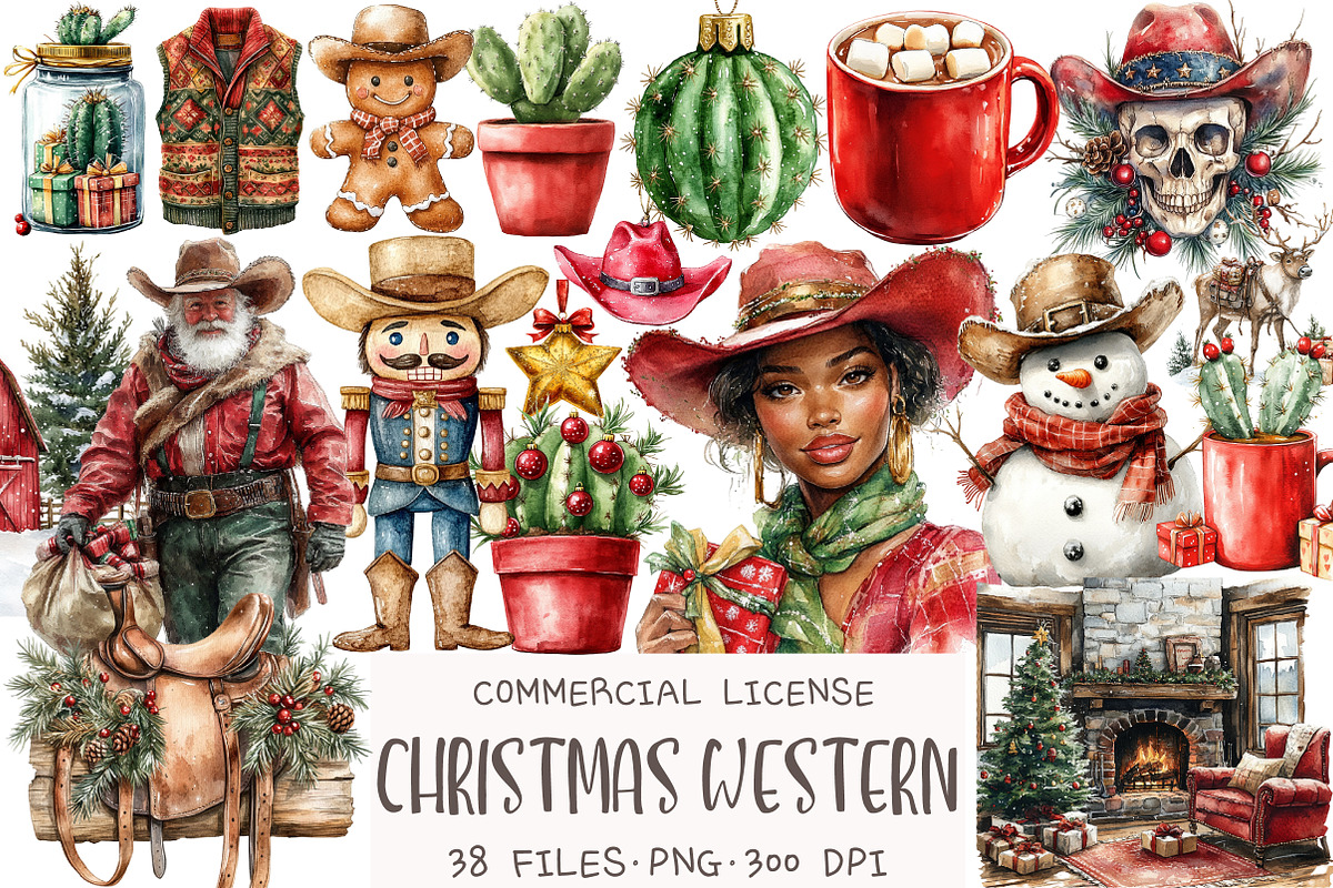 Watercolor Christmas Western Clipart, an Illustration by OK Design (Photo 1 of 5)