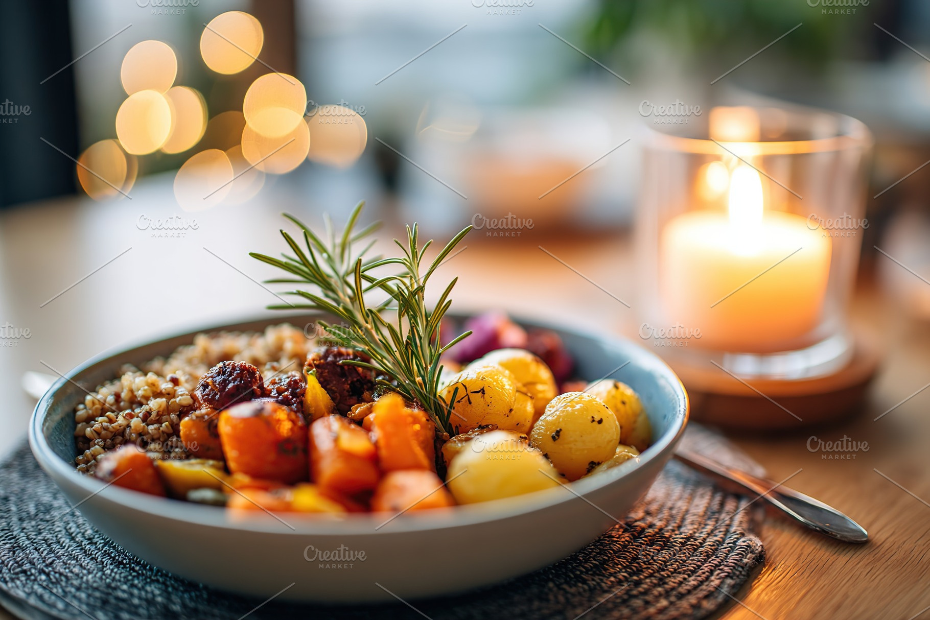 Nourishing meal served on a simple plate with vegetables and grains at a cozy d, a Food & Drink Photo by AlyaAnd