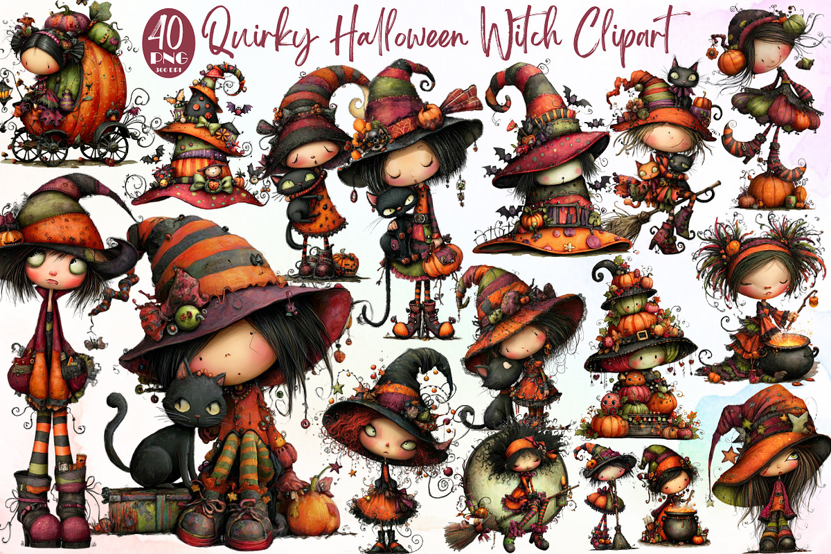 Quirky Halloween Witch Clipart Bundl, an Illustration by Sublimation Artist (Photo 1 of 6)